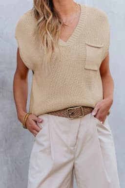 image-Blackish Green Chest Pocket V Neck Ribbed Cap Sleeve Sweater
