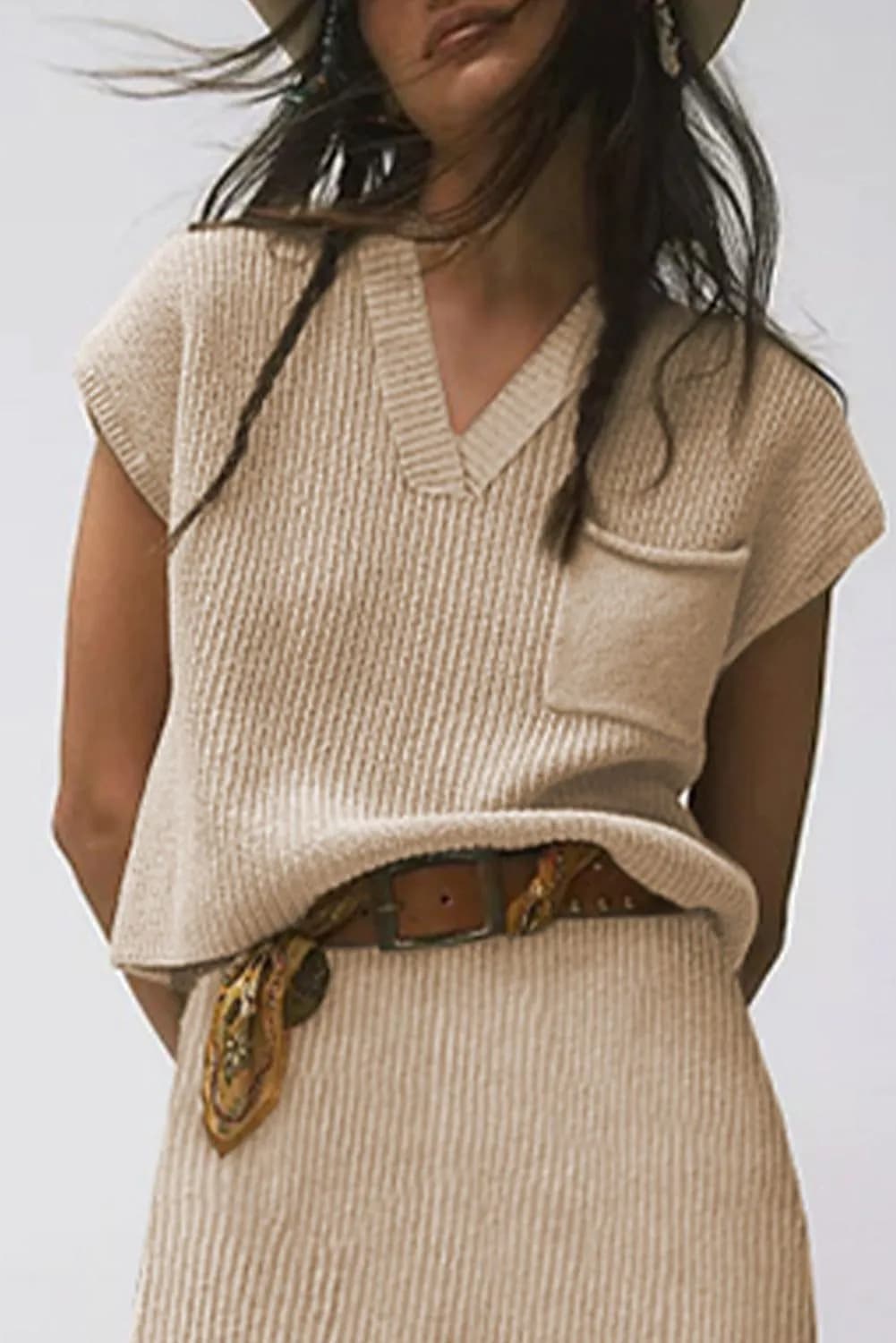 image-Blackish Green Chest Pocket V Neck Ribbed Cap Sleeve Sweater
