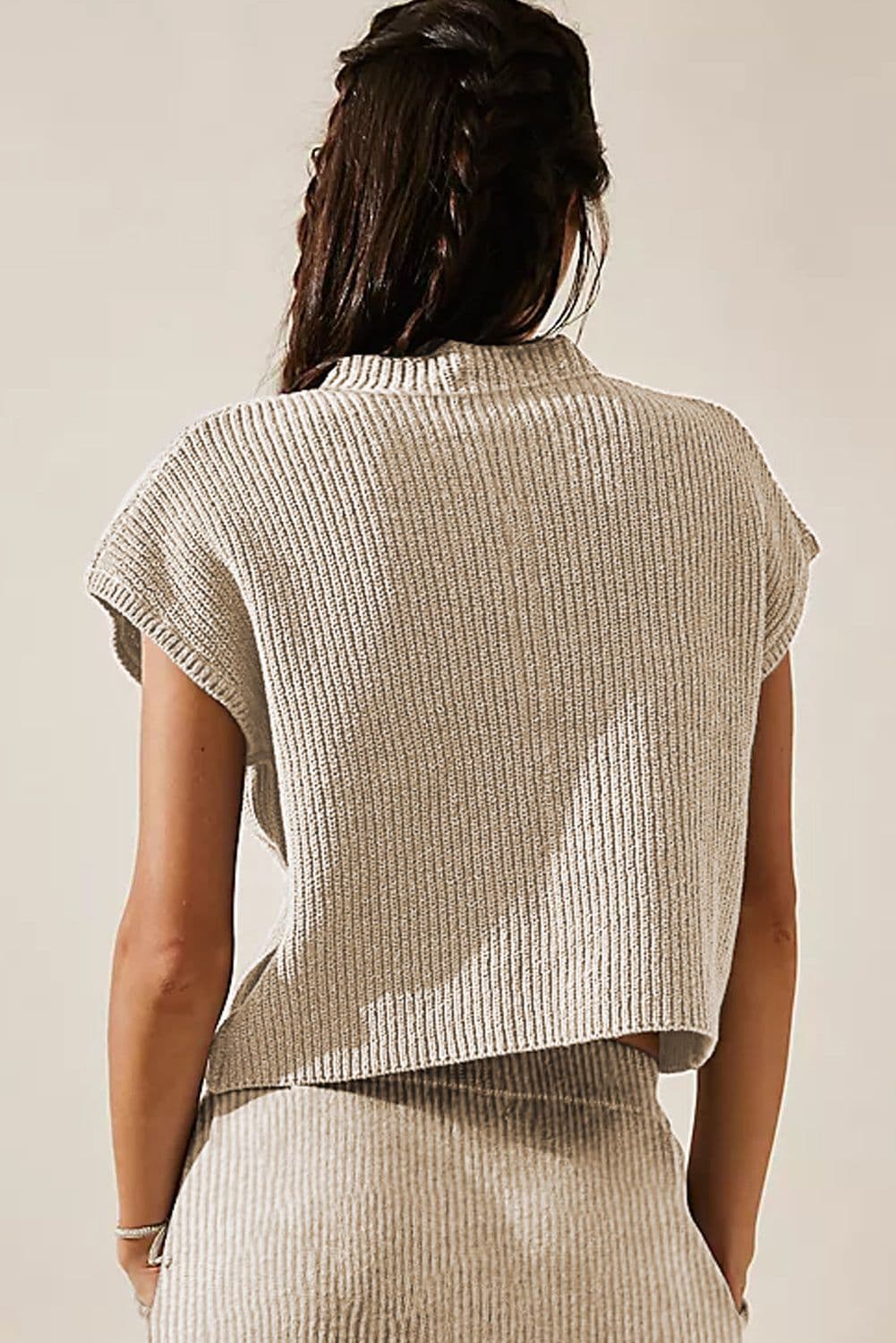 image-Blackish Green Chest Pocket V Neck Ribbed Cap Sleeve Sweater