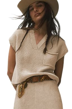 image-Blackish Green Chest Pocket V Neck Ribbed Cap Sleeve Sweater