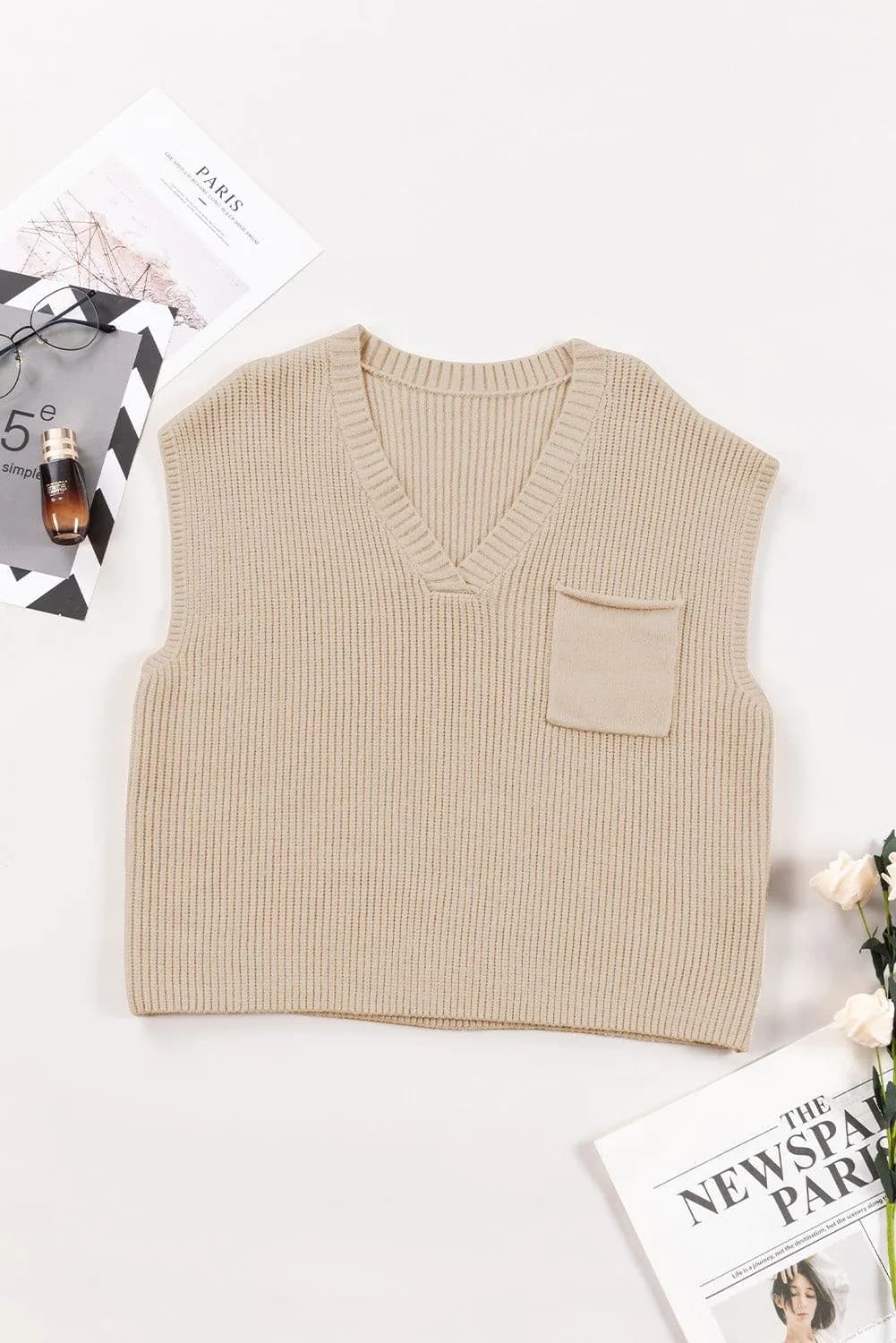 image-Blackish Green Chest Pocket V Neck Ribbed Cap Sleeve Sweater