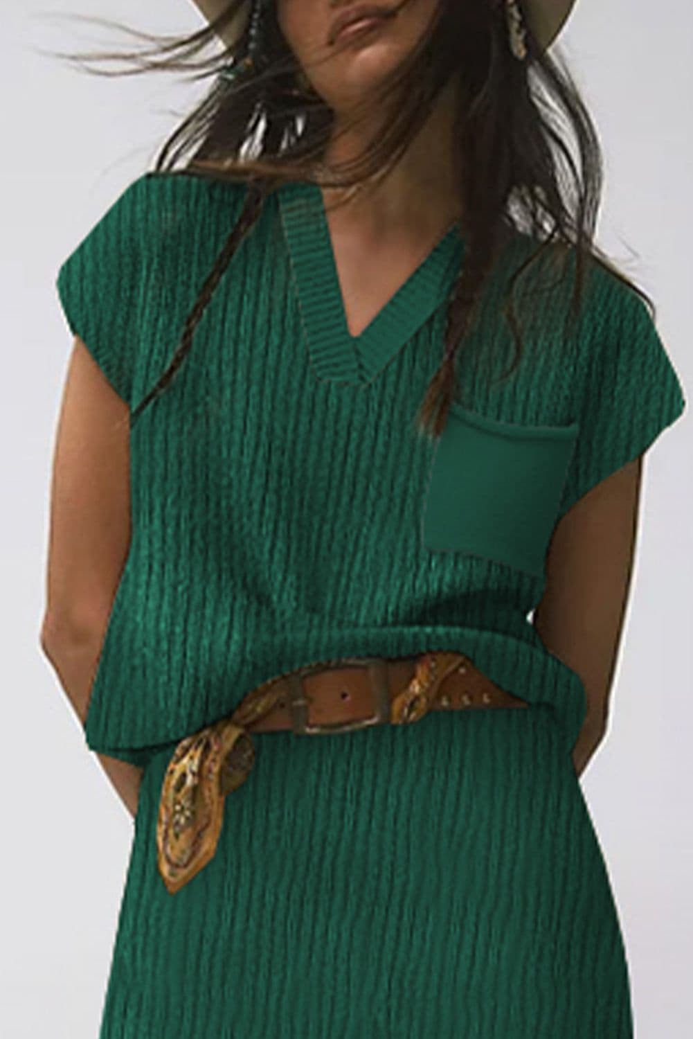 image-Blackish Green Chest Pocket V Neck Ribbed Cap Sleeve Sweater