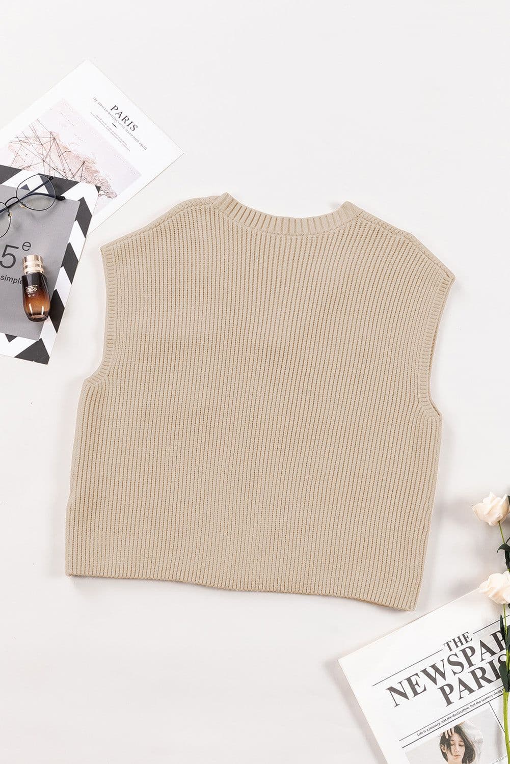image-Blackish Green Chest Pocket V Neck Ribbed Cap Sleeve Sweater