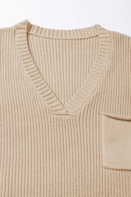 image-Blackish Green Chest Pocket V Neck Ribbed Cap Sleeve Sweater