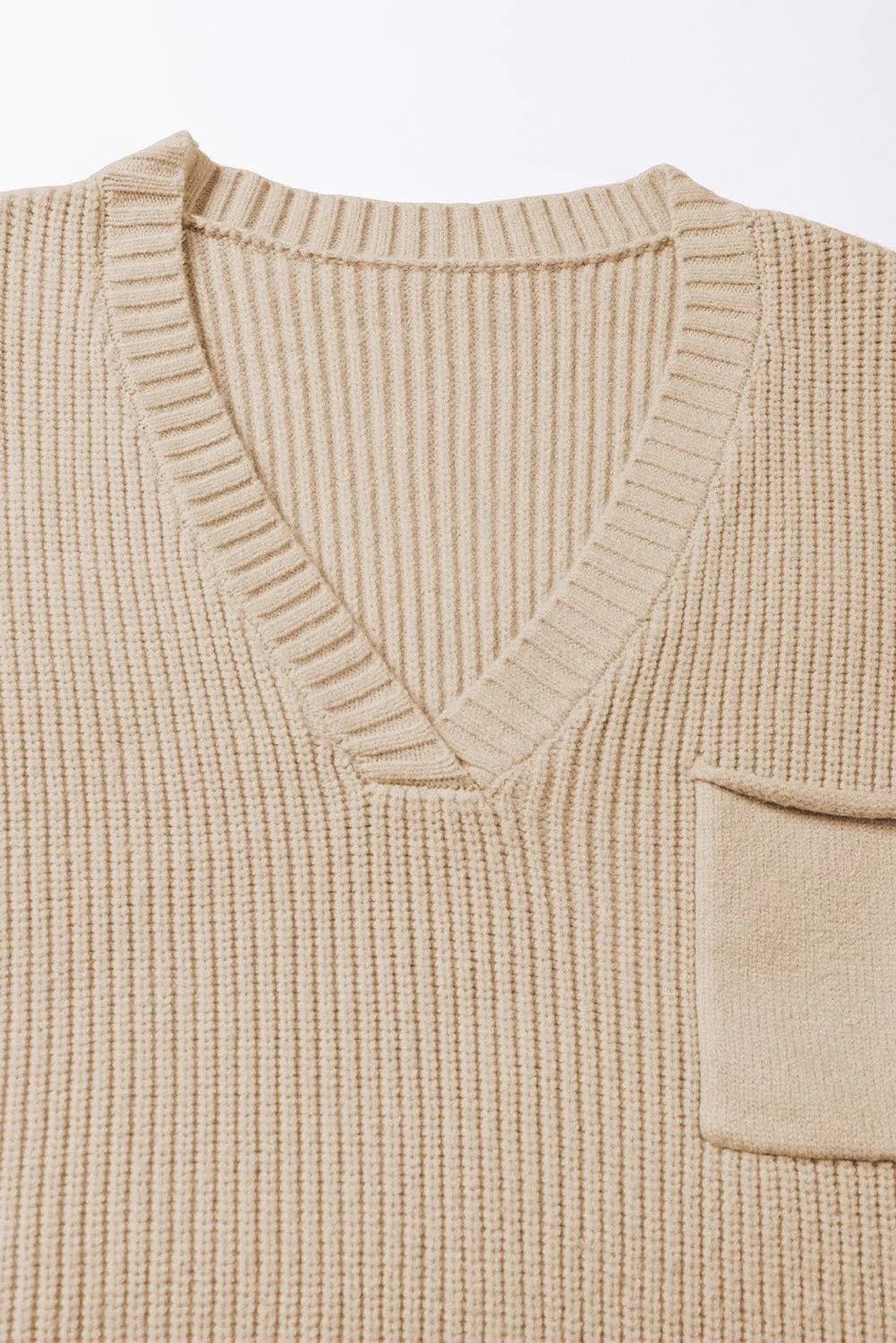image-Blackish Green Chest Pocket V Neck Ribbed Cap Sleeve Sweater