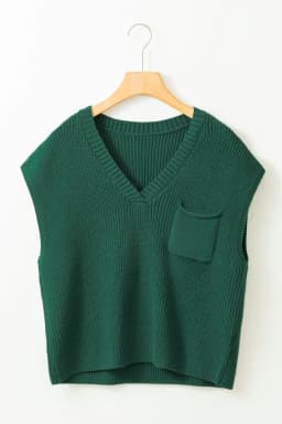 image-Blackish Green Chest Pocket V Neck Ribbed Cap Sleeve Sweater
