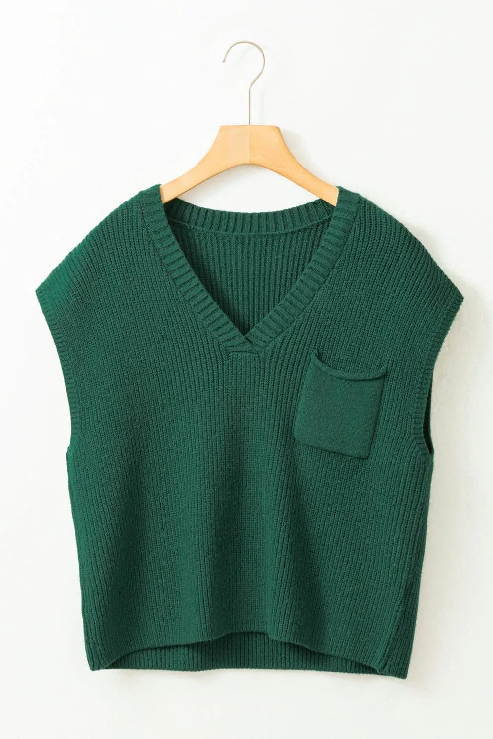 image-Blackish Green Chest Pocket V Neck Ribbed Cap Sleeve Sweater