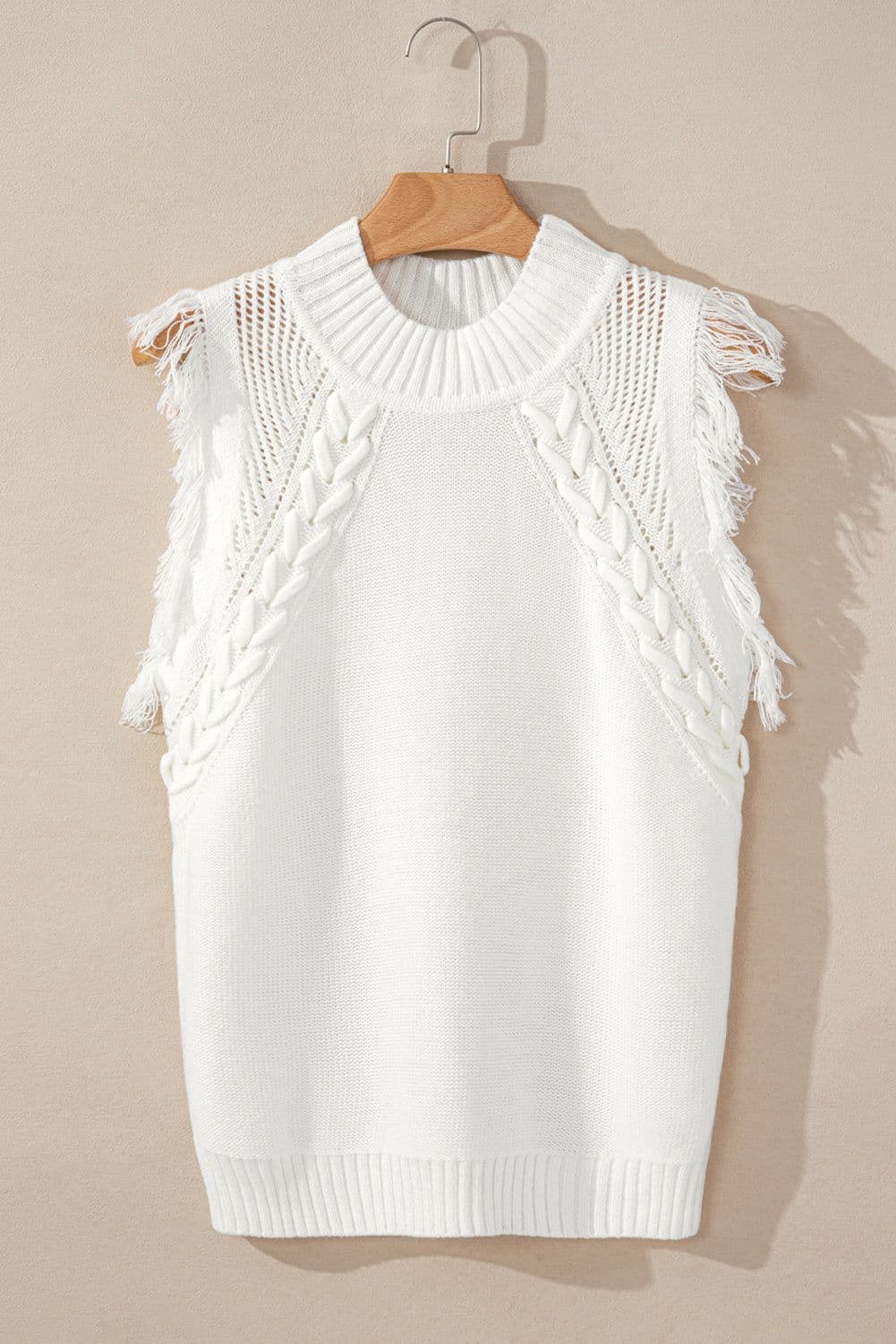 image-White Woven Tasseled Sleeveless Mock Neck Sweater Vest