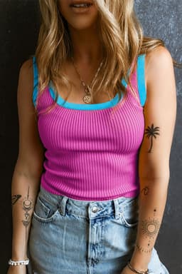image-Blue Colorblock Edge Ribbed Knit U Neck Tank Top
