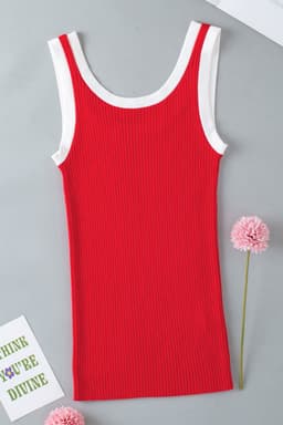 image-Blue Colorblock Edge Ribbed Knit U Neck Tank Top