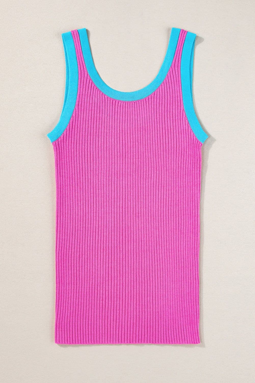 image-Blue Colorblock Edge Ribbed Knit U Neck Tank Top
