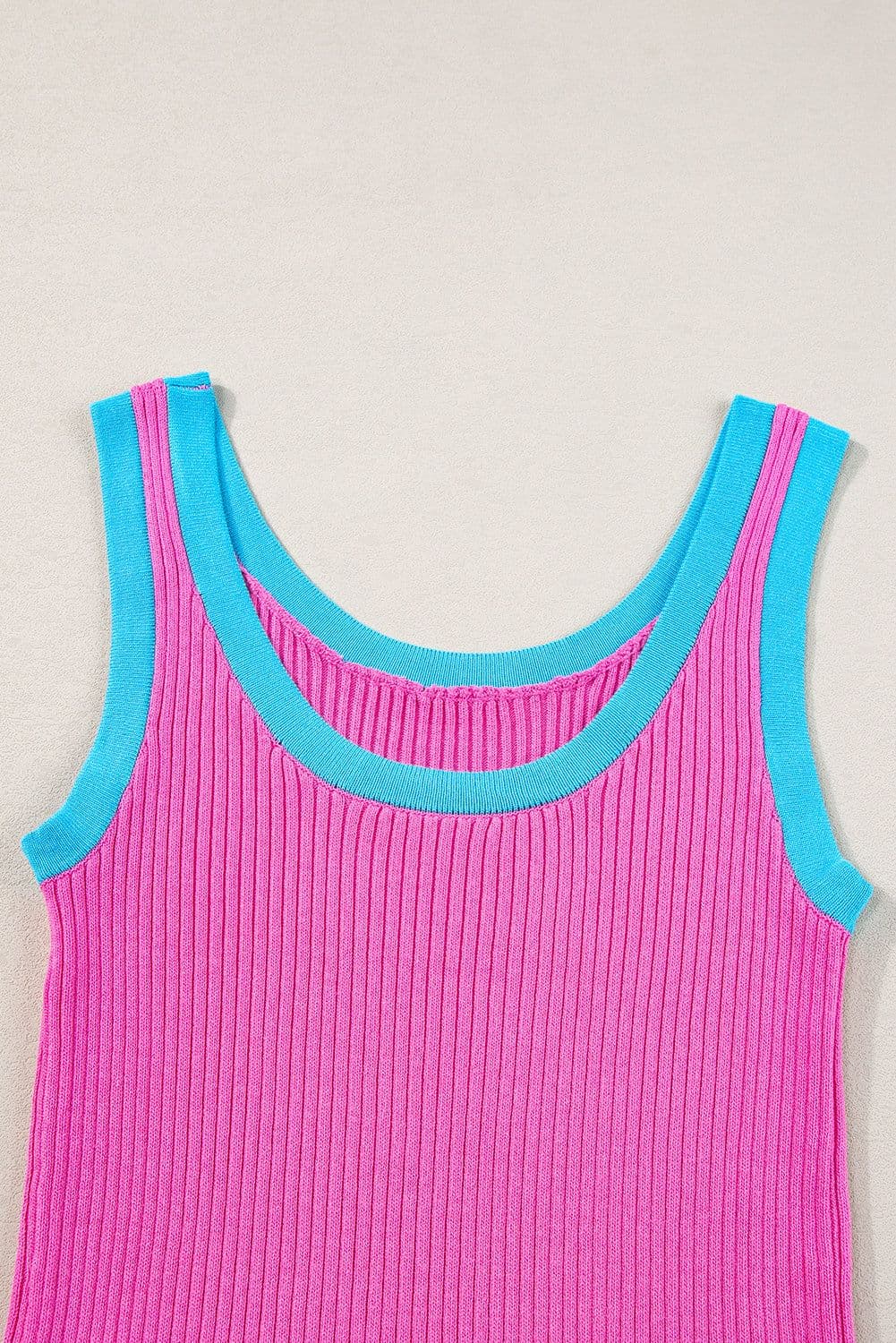 image-Blue Colorblock Edge Ribbed Knit U Neck Tank Top