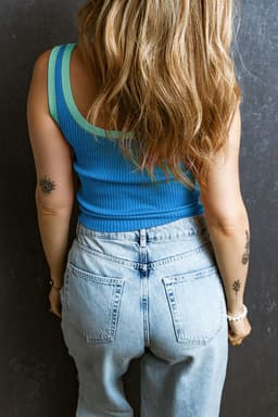 image-Blue Colorblock Edge Ribbed Knit U Neck Tank Top