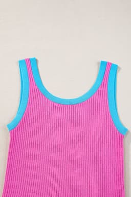 image-Blue Colorblock Edge Ribbed Knit U Neck Tank Top