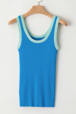image-Blue Colorblock Edge Ribbed Knit U Neck Tank Top