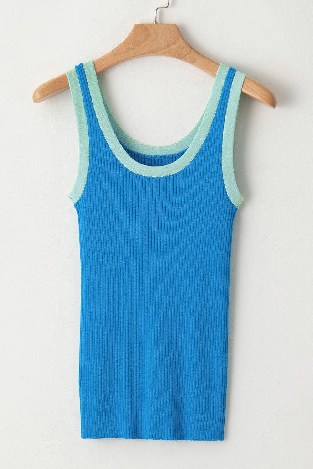 image-Blue Colorblock Edge Ribbed Knit U Neck Tank Top