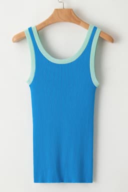 image-Blue Colorblock Edge Ribbed Knit U Neck Tank Top