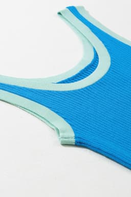 image-Blue Colorblock Edge Ribbed Knit U Neck Tank Top