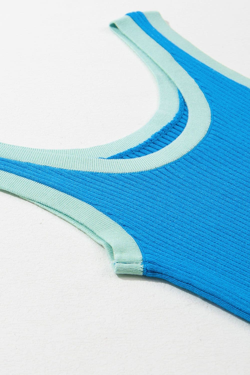 image-Blue Colorblock Edge Ribbed Knit U Neck Tank Top