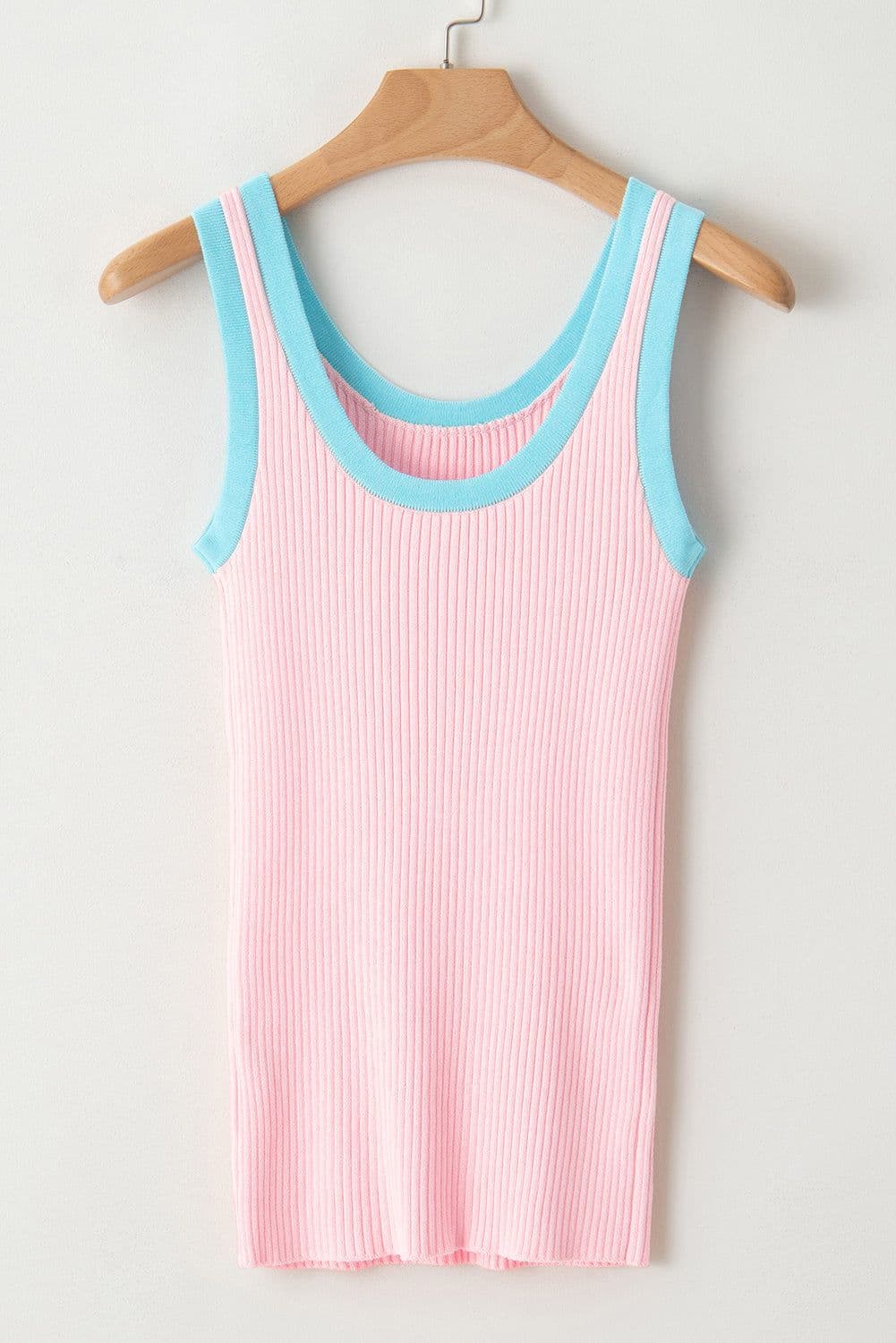 image-Blue Colorblock Edge Ribbed Knit U Neck Tank Top