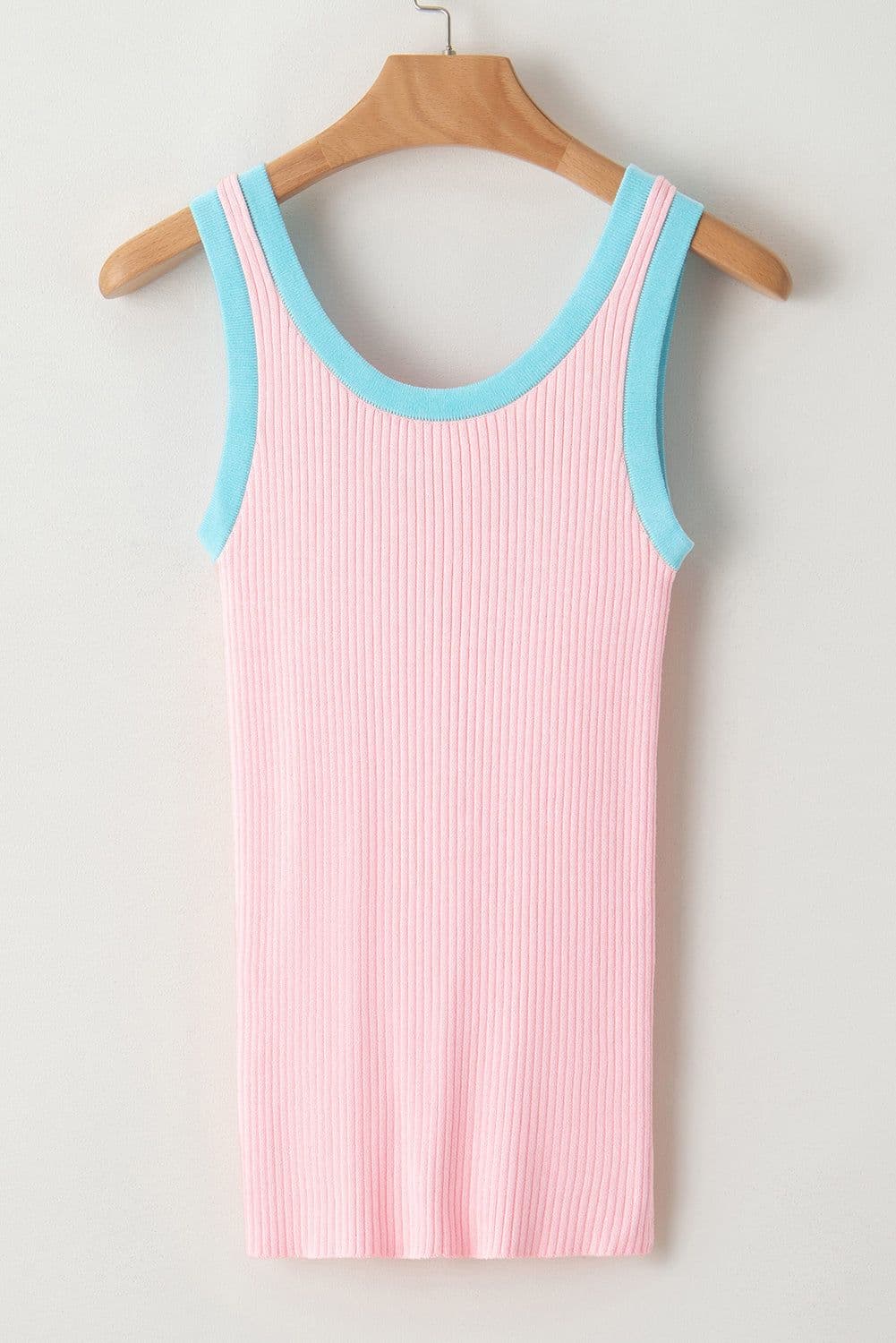 image-Blue Colorblock Edge Ribbed Knit U Neck Tank Top