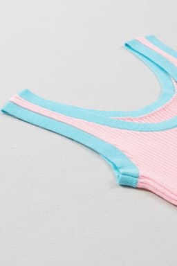 image-Blue Colorblock Edge Ribbed Knit U Neck Tank Top