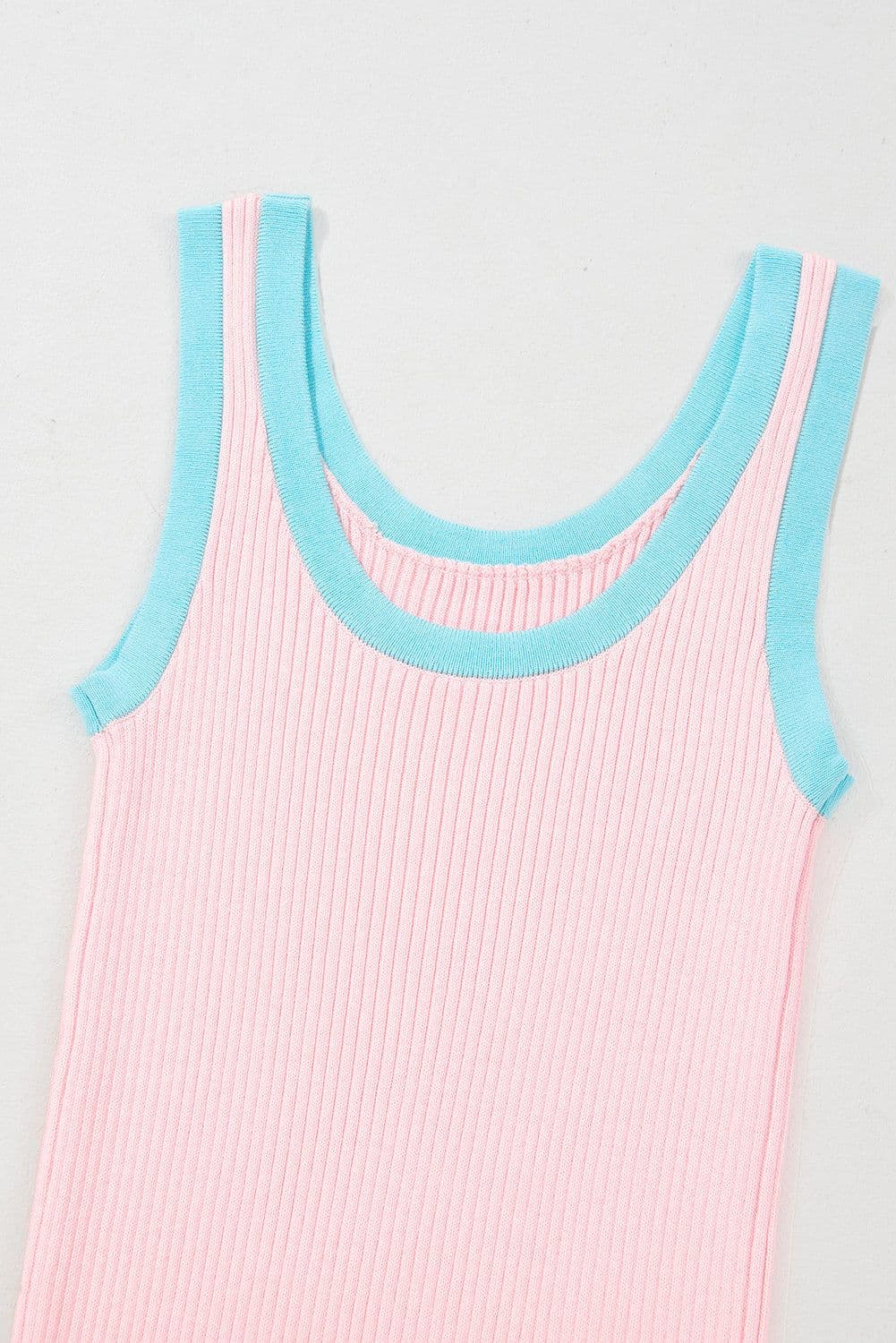 image-Blue Colorblock Edge Ribbed Knit U Neck Tank Top