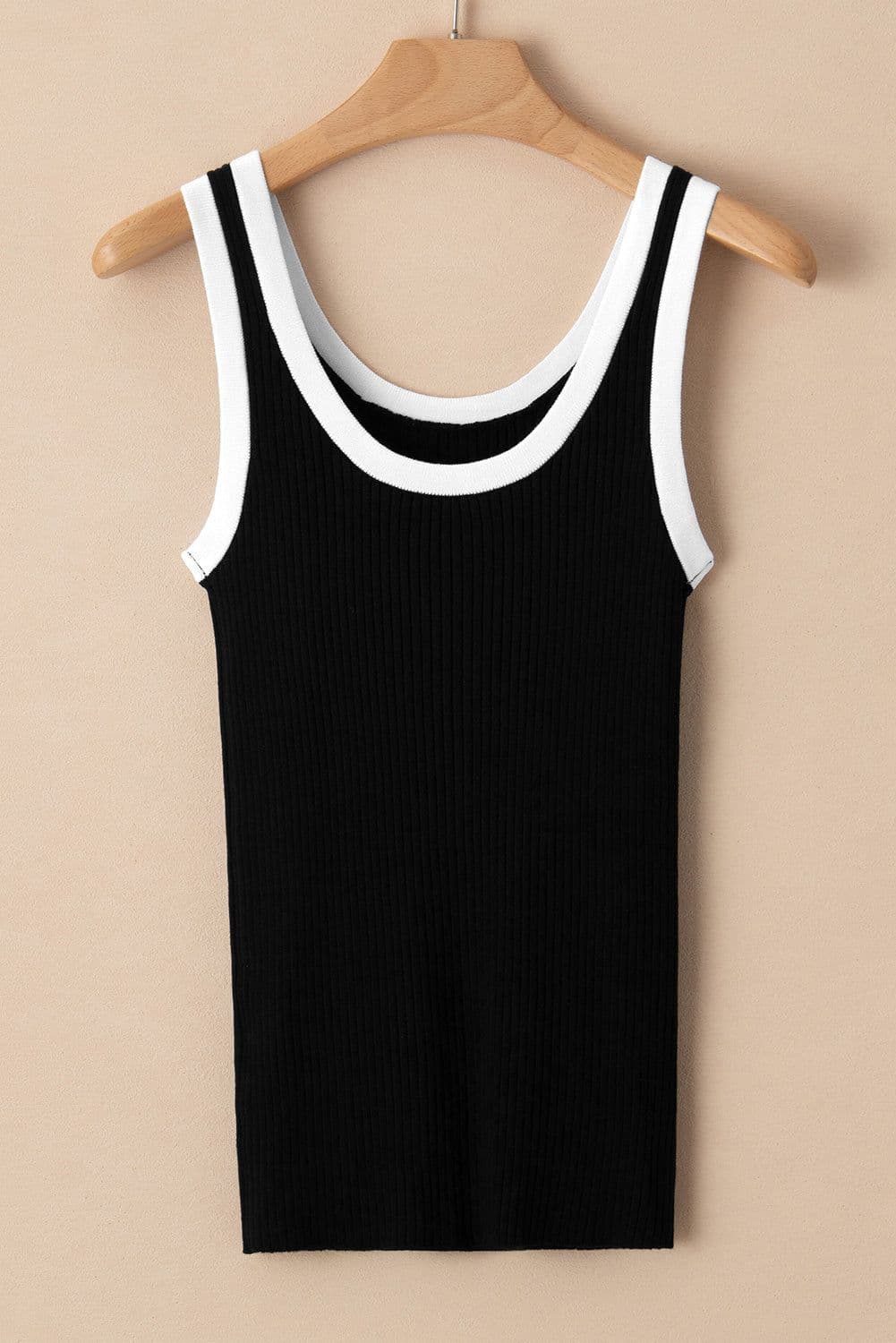 image-Blue Colorblock Edge Ribbed Knit U Neck Tank Top