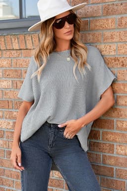 image-Gray Short Sleeve Side Slit Oversized Sweater