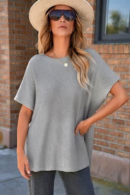 image-Gray Short Sleeve Side Slit Oversized Sweater
