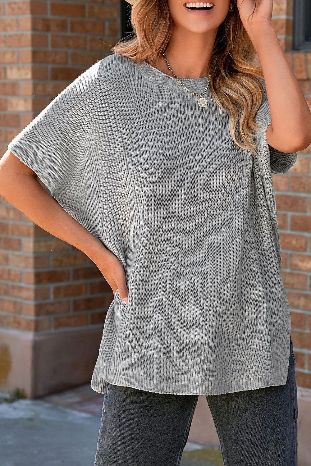 image-Gray Short Sleeve Side Slit Oversized Sweater