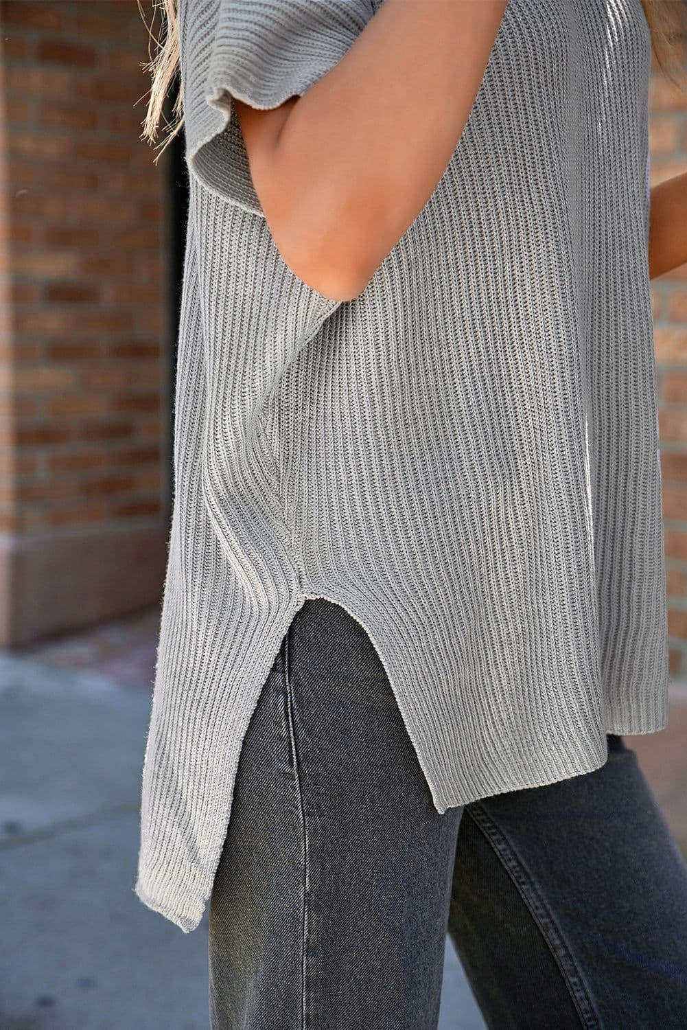 image-Gray Short Sleeve Side Slit Oversized Sweater