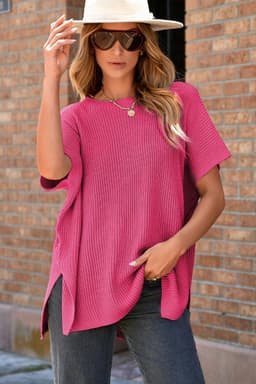 image-Gray Short Sleeve Side Slit Oversized Sweater