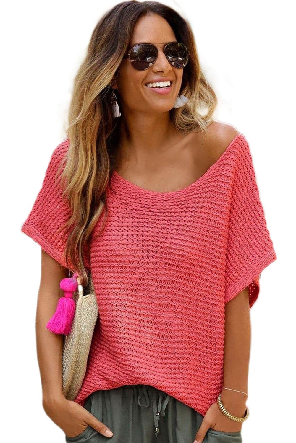 image-Red Clay Solid Loose Knit Short Dolman Sleeve Sweater