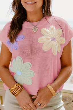 image-White Multi Crochet Flower Knit Short Sleeve Sweater Tops