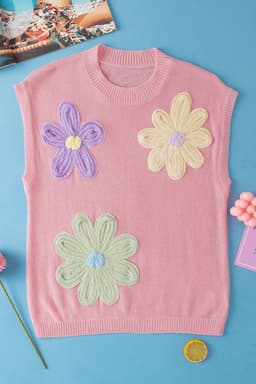 image-White Multi Crochet Flower Knit Short Sleeve Sweater Tops