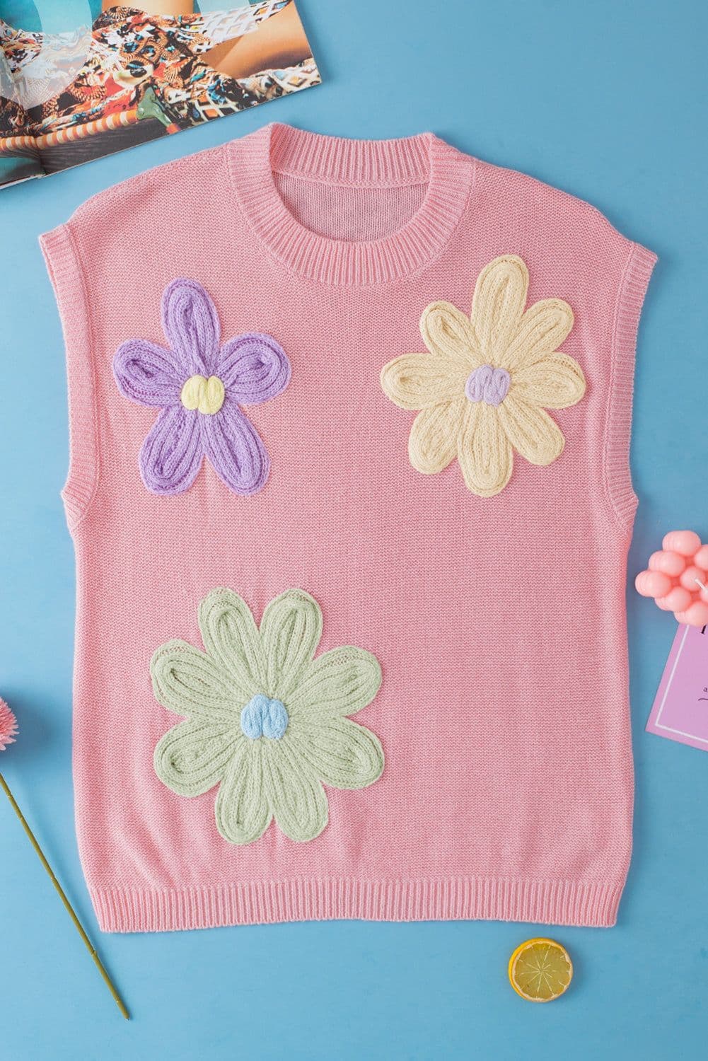 image-White Multi Crochet Flower Knit Short Sleeve Sweater Tops