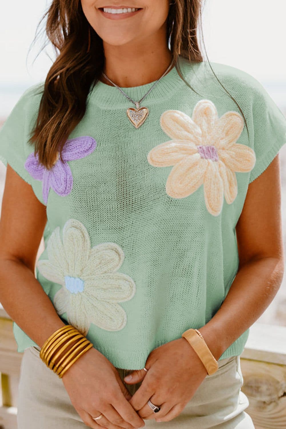 image-White Multi Crochet Flower Knit Short Sleeve Sweater Tops