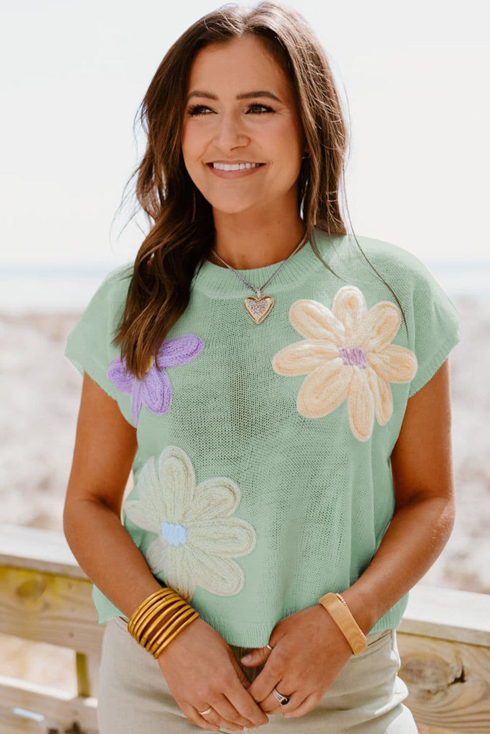 image-White Multi Crochet Flower Knit Short Sleeve Sweater Tops