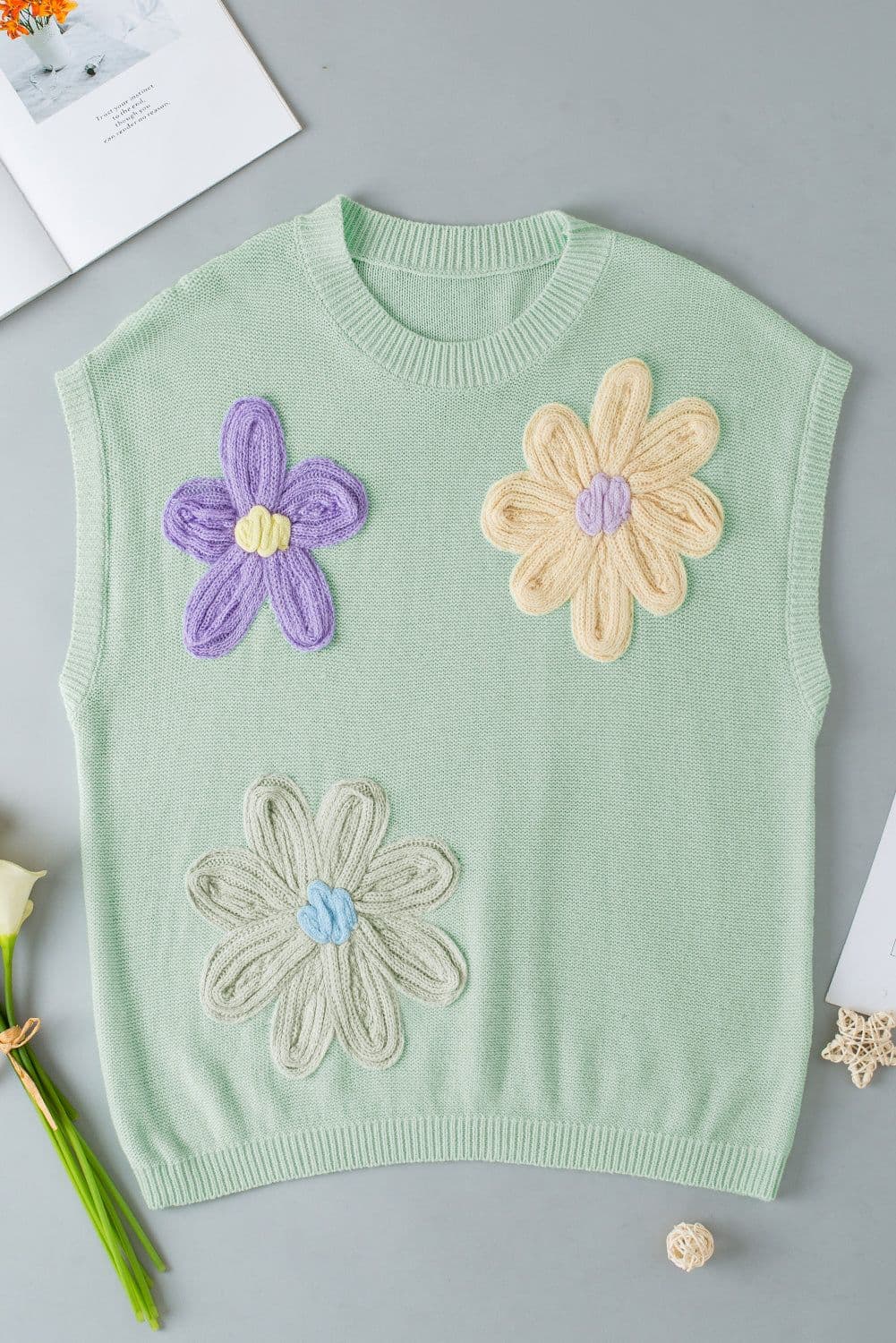 image-White Multi Crochet Flower Knit Short Sleeve Sweater Tops