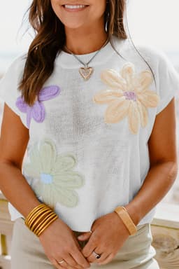 image-White Multi Crochet Flower Knit Short Sleeve Sweater Tops