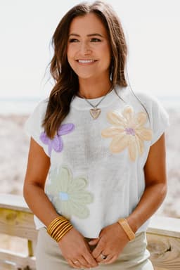image-White Multi Crochet Flower Knit Short Sleeve Sweater Tops