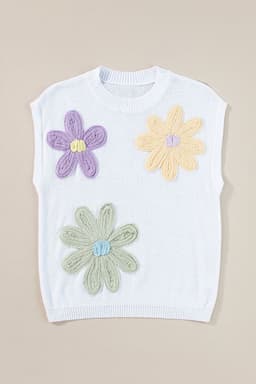 image-White Multi Crochet Flower Knit Short Sleeve Sweater Tops
