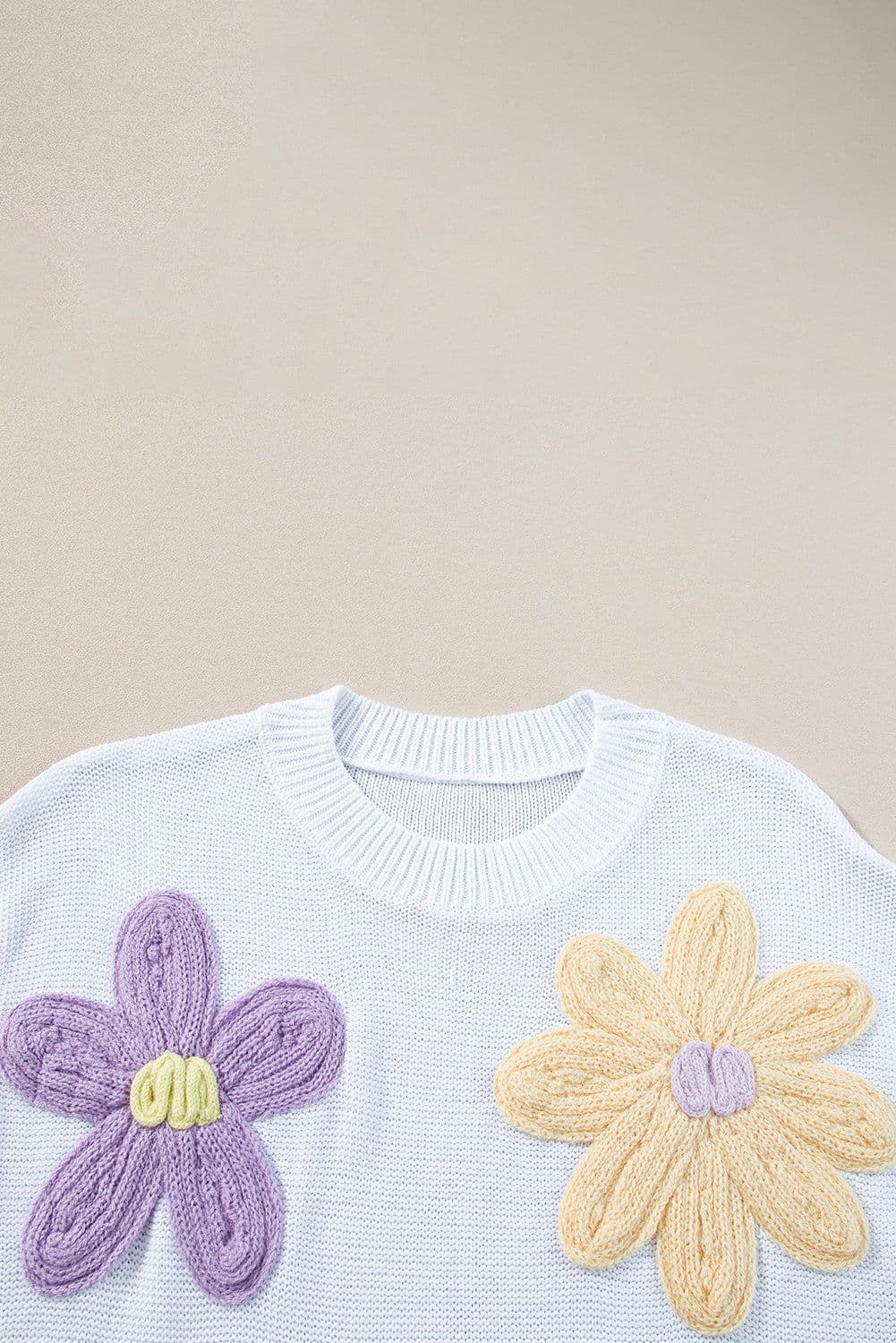 image-White Multi Crochet Flower Knit Short Sleeve Sweater Tops