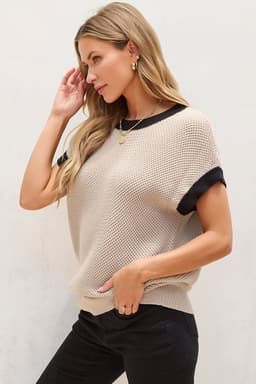 image-Light French Beige Contrast Trim Round Neck Batwing Sleeve Sweater Top