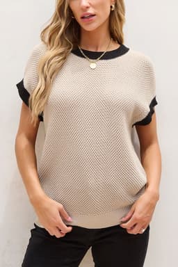 image-Light French Beige Contrast Trim Round Neck Batwing Sleeve Sweater Top