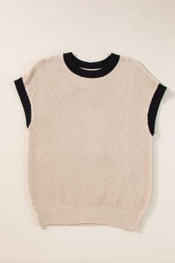 image-Light French Beige Contrast Trim Round Neck Batwing Sleeve Sweater Top