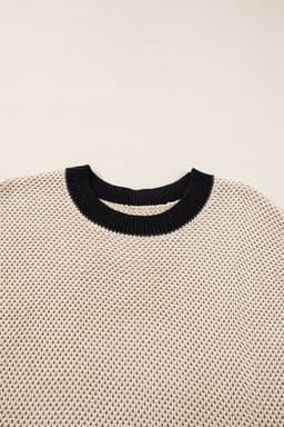 image-Light French Beige Contrast Trim Round Neck Batwing Sleeve Sweater Top
