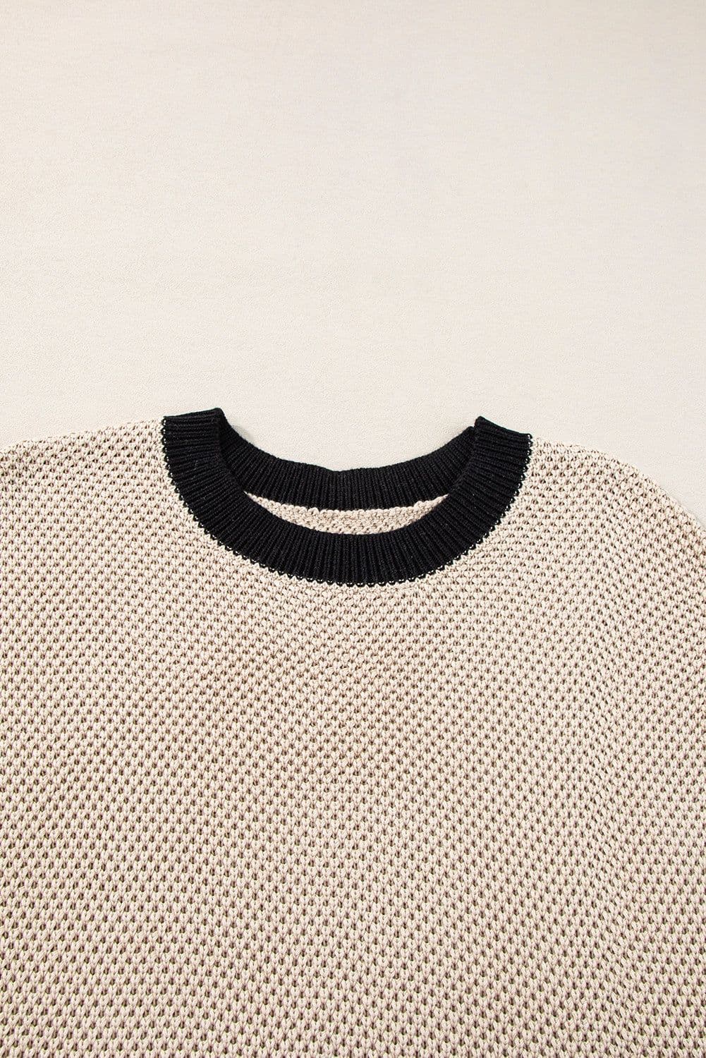 image-Light French Beige Contrast Trim Round Neck Batwing Sleeve Sweater Top