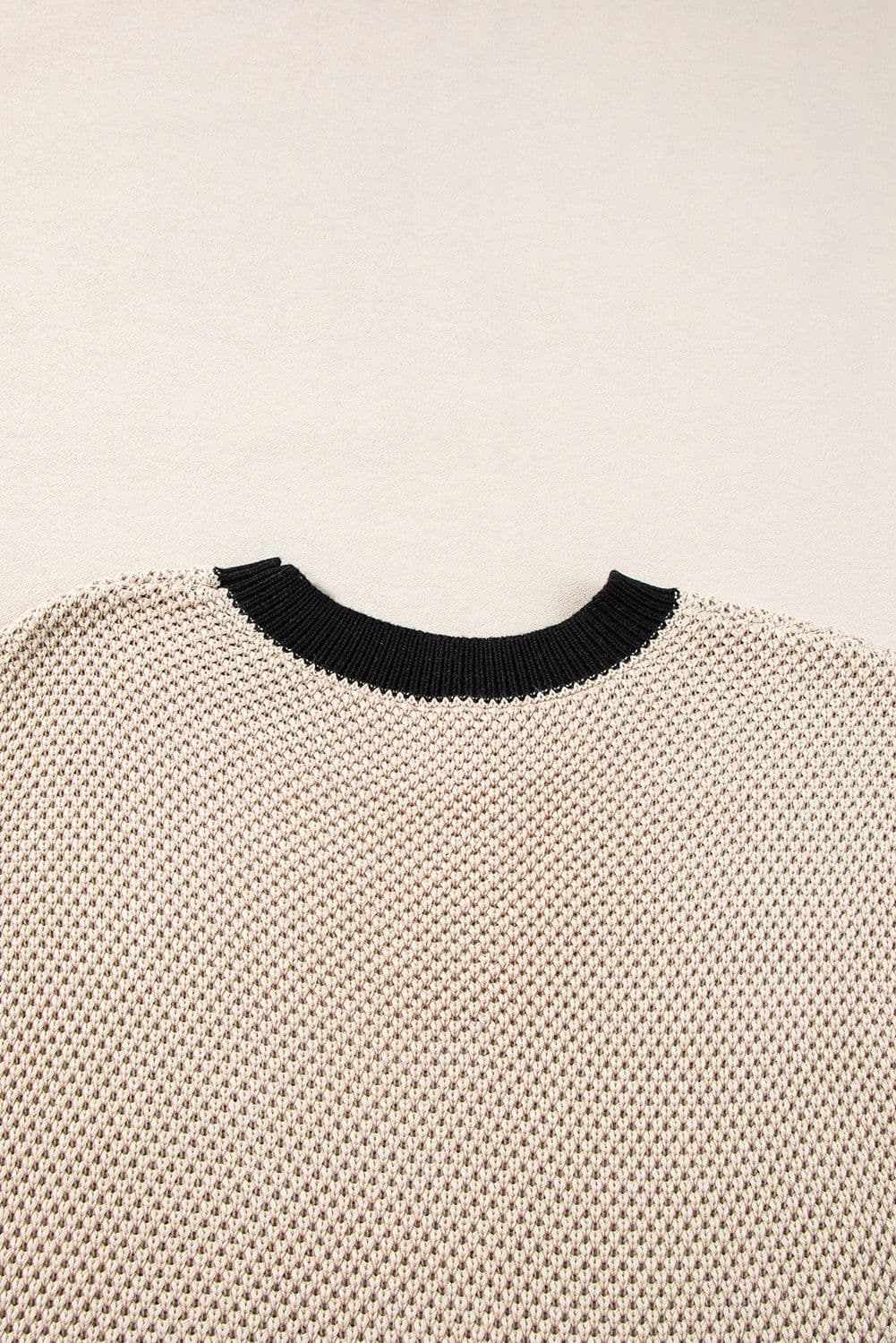 image-Light French Beige Contrast Trim Round Neck Batwing Sleeve Sweater Top